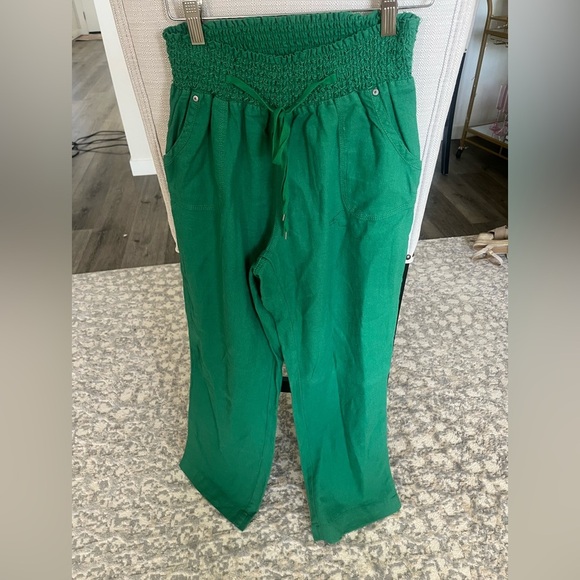 NWT Set of 2 Linen Draw String Ankle Cropped Pants, Tan and Green, M - Picture 7 of 10